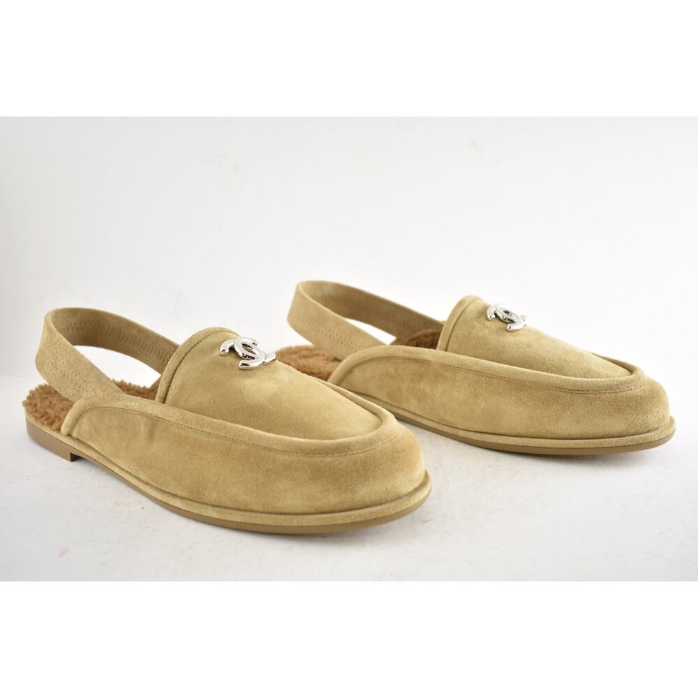 Chanel Dark Beige Suede Shearling CC Moccasin Ballet Slingback Loafer Flat 40 - Picture 5 of 16